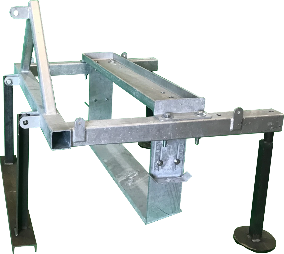 A Velocity UC undercutter on a white background: a galvanised steel toolbar with a three-point hitch A-frame, two vertical shanks and a flat horizontal blade that runs beneath the bed.